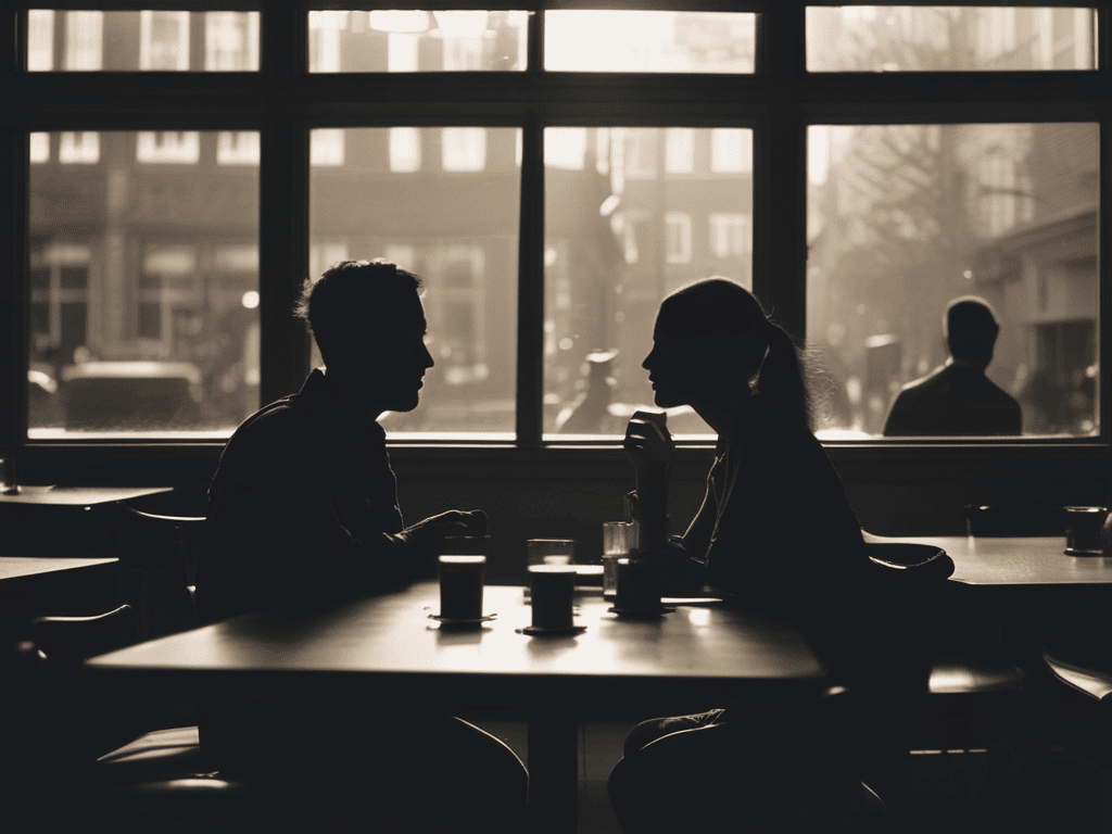 Un hombre y una mujer se encuentran en una cafetería.