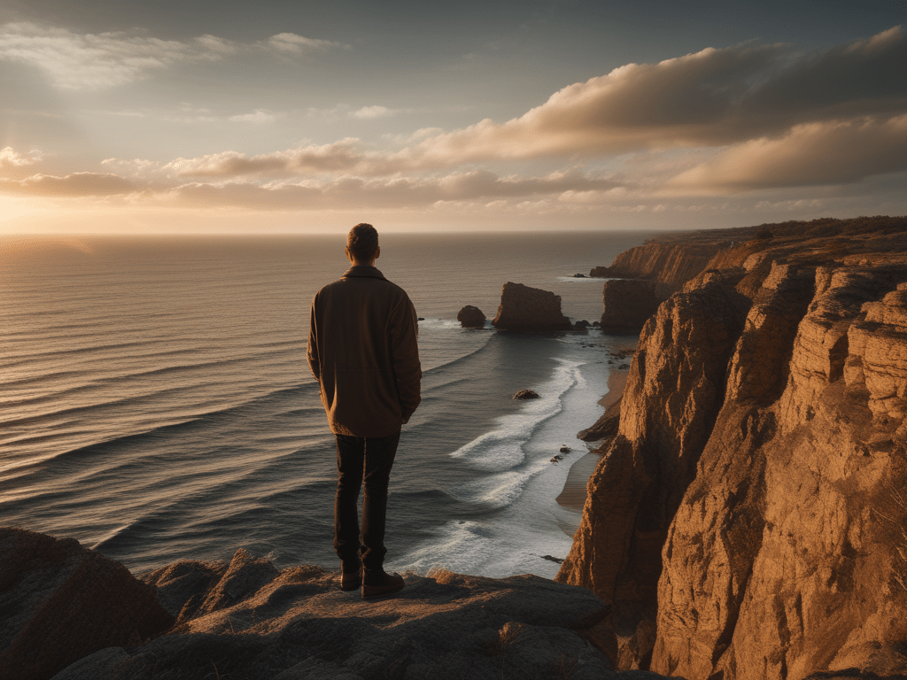 Hombre a la orilla de un risco observando el mar.