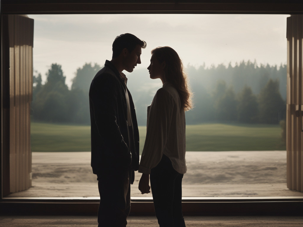 Un hombre y una-mujer se encuentran, sus rostros estan cerca uno del otro.