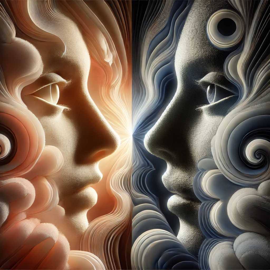 Un juego de luces y sombras que representa la dualidad de la mirada: conexión y desconexión. Formas de rostros humanos que sugieren emociones.